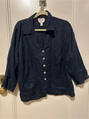 Talbots Navy Button-Front Irish Linen Blouse